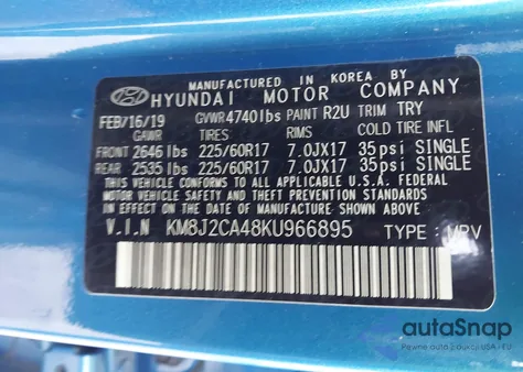 2019 Hyundai Tucson Se from USA, damaged, VIN KM8J2CA48KU966895